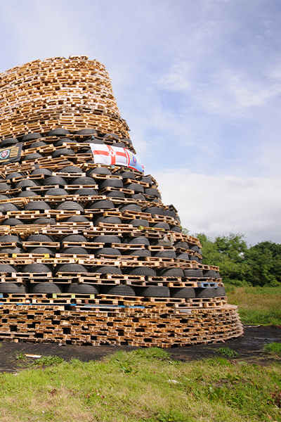 Bonfire to celebrate the 12th July commemoration of the Battle of the Boyne, (1690), Northern Ireland